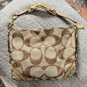 Coach Large Signature Canvas Shoulder Bag in Brown and Tan